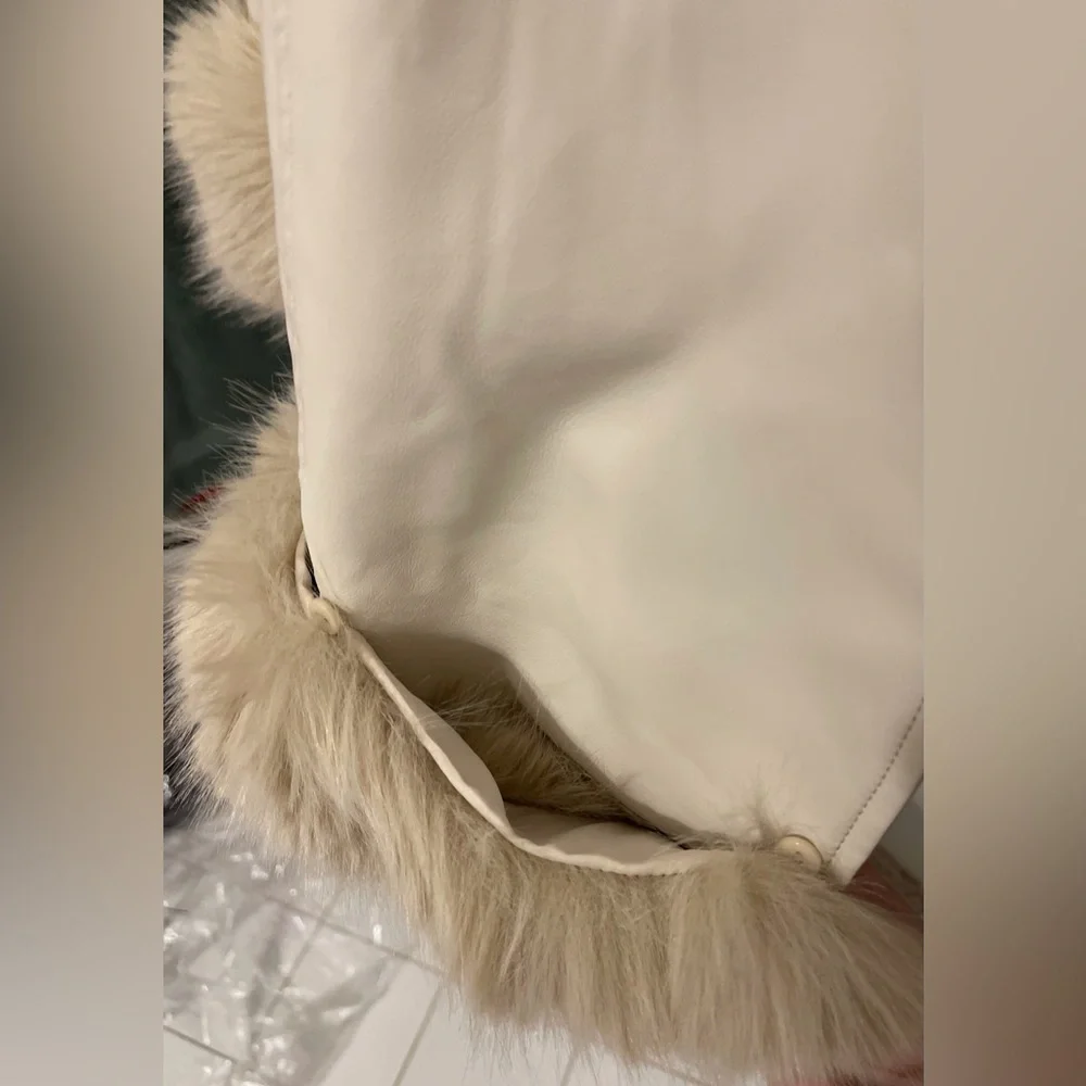 New Size Large Faux Leather Long Coat with Faux Fur Removable Trim, light beige - Picture 9 of 16